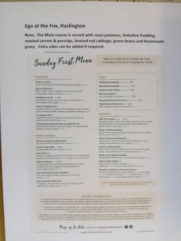 Ego - Sunday Feast Menu